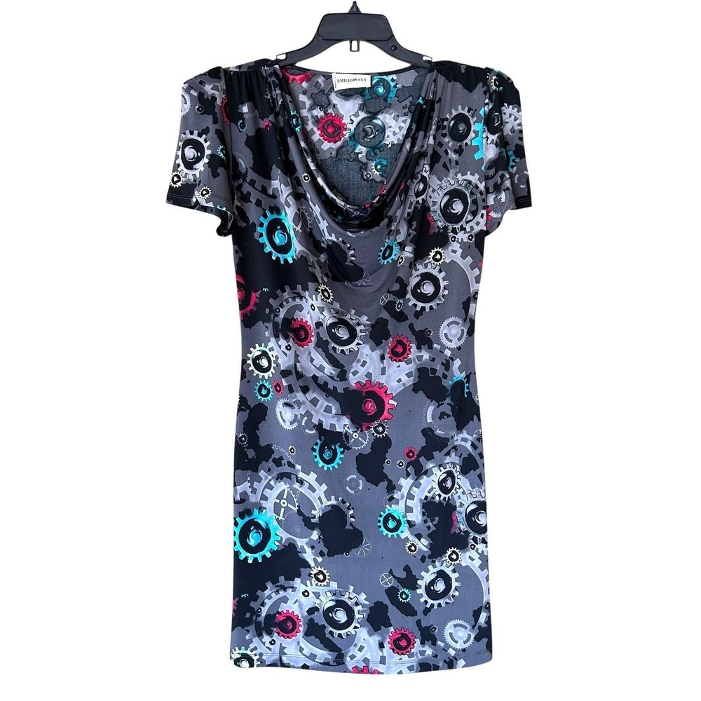 Emilio Pucci Steampunk Gears Mini Dress Gray Turquoise Pink Size IT 42 / US 8